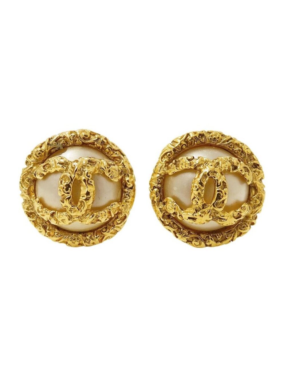 Chanel Earrings Gold Lava CC Logo Large Vintage 93A Stamp